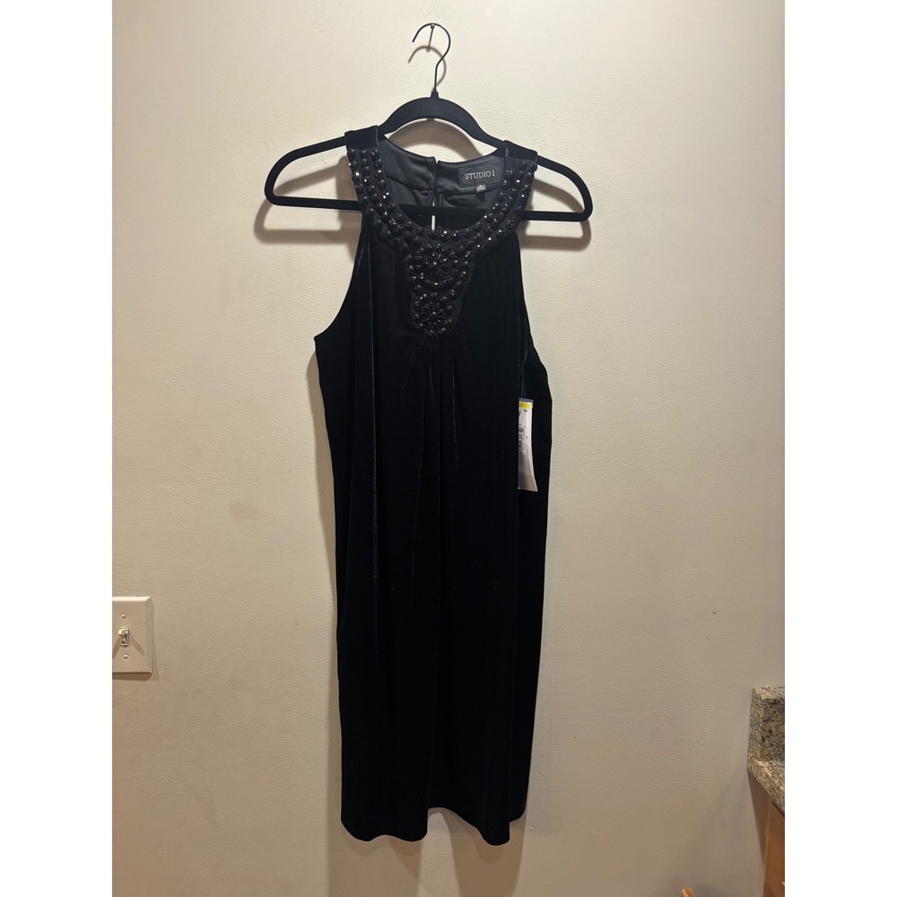 NWT Studio I Black Velvet Beaded Halter Neck Shift Dress 12 Sleeveless Evening